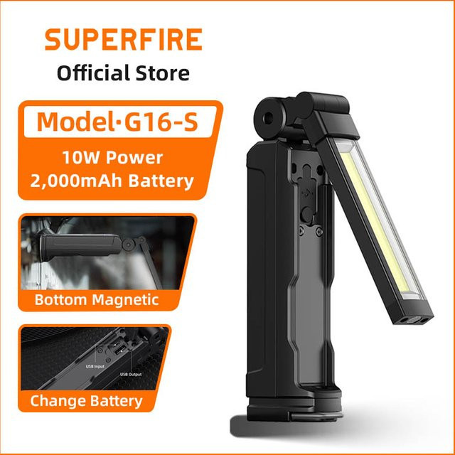 SUPERFIRE G16-S COB LED-Arbeitsleuchte in Schwarz, magnetische Taschenlampe und zusammenklappbare Laterne mit USB-Ladefunktion und Haken - Bild 1