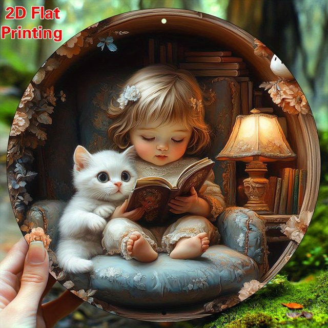 VIGOO Aluminium-Wandschild Mädchen mit Katze, rund, Metallkunst-Plakette in Multicolour, Durchmesser: 20,3 cm - Bild 1