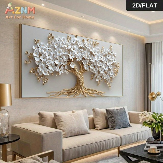 AZNM Leinwand-Wandkunst Goldener Baum des Lebens, abstraktes botanisches Gemälde mit weißen Blumen in Gold und Weiß, moderne Dekoration ohne Rahmen - Bild 1
