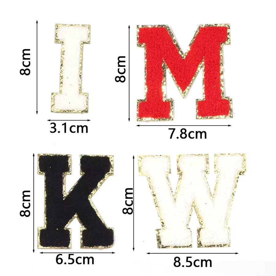 Selbstklebende Chenille-Patches mit englischen Buchstaben und Goldrand in 3 Farben, Größe: 8 cm, ideal für DIY-Handwerk und zur Dekoration von Kleidung und Taschen - Bild 2