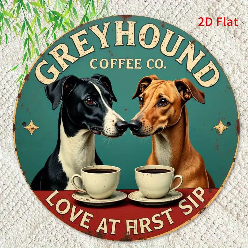 Rundes Metallschild Potdemiel Windhunde beim Kaffeetrinken zur Wanddekoration Durchmesser: 19,8 cm - Bild 4