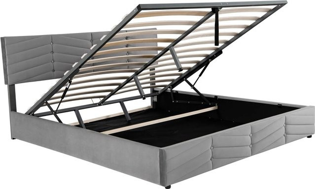 okwish Polsterbett aus Samt in Grau mit hydraulischem Bettkasten und höhenverstellbarem Kopfteil, B/T/H: 160 x 200 x 95 cm - Bild 1