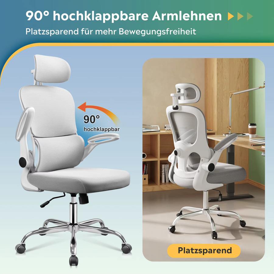 WLIVE Ergonomischer Bürostuhl in Weiß mit atmungsaktiver Netzrückenlehne und verstellbaren Armlehnen für das Homeoffice - Bild 2