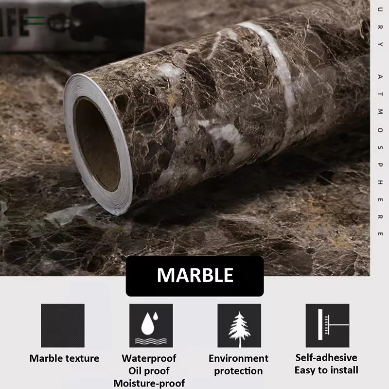 Selbstklebende Marmor-Tapete von YUNPOINT in Grau und Braun, ölbeständiger und wasserfester Vinyl-Aufkleber für Küche und Schrank - Bild 3