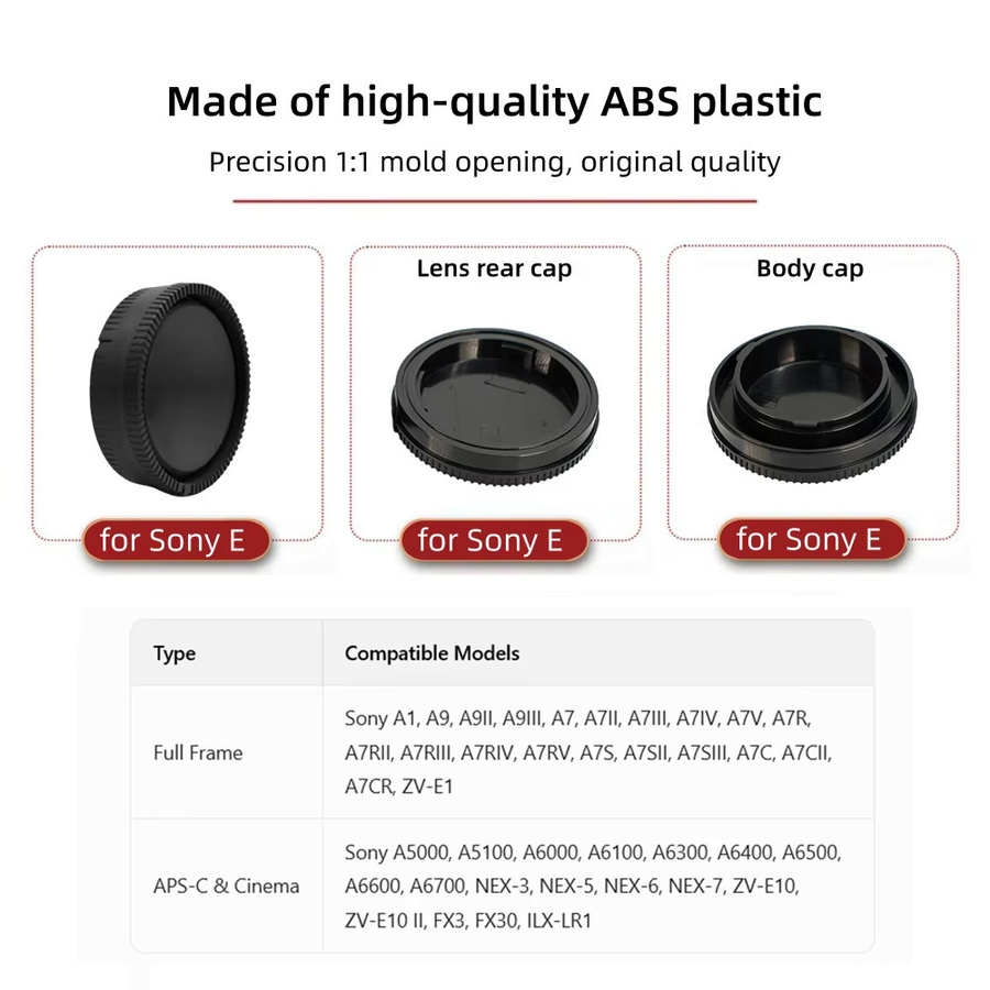 Sony Kamera-Gehäuseabdeckung und Objektivrückdeckel in Schwarz für Sony E-Mount Spiegellose Kameras wie A6000, A6400, A7III, A7IV, A7C, ZV-E10 und FX30 - Bild 2