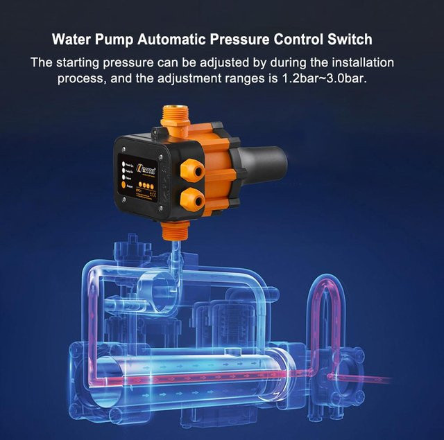 Aimo Automatischer Wasserpumpen-Druckregler mit IP65 Wasserdichtigkeit, 10A, 220V-240V, Orange - Bild 1