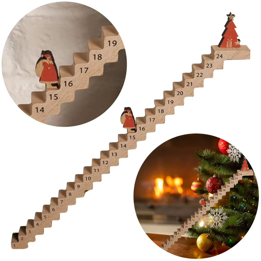 APWIKOGER Adventskalender aus Holz mit Weihnachtsmann auf Holztreppe als Weihnachts-Countdown-Dekoration - Bild 4