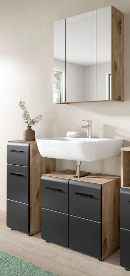 Badmöbel Set Cover von Inn.Furn in Schwarz und Eiche, 3-teilig, modern, Wandmontage mit LED-Beleuchtung, Breite: 105 cm, Höhe: 185 cm, Tiefe: 30 cm - Bild 1