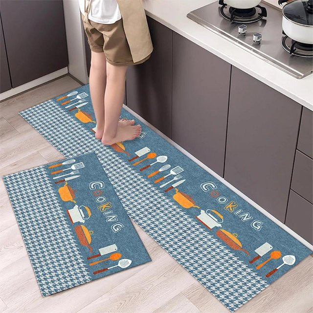Karpetti Küchenbodenmatte mit Streifenmuster in Blau, rutschfest und weich, B/T: 80 x 50 cm - Bild 1