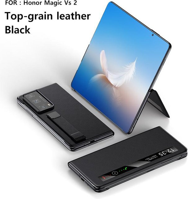 Echte Leder Magnetische Smart Flip Handyhülle für Honor Magic V2 und Honor Magic V3 mit Armband und Ständer Funktion in Grau - Bild 1