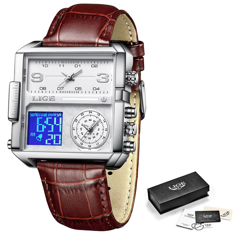 LIGE Armbanduhr Digital, Quarz, Schwarz, Edelstahl, Leder, Herren - Bild 6