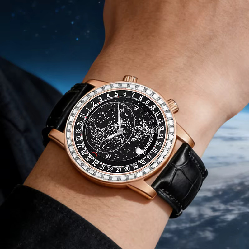 HANBORO Armbanduhr Automatik, Leder, Roségold, Schwarz, Herren - Bild 4