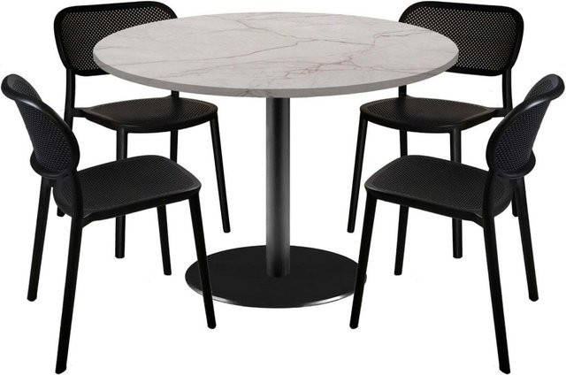 RestooTab Esstisch-Set Rome XL mit 4 Stühlen, runder Esstisch in Stein-Optik, Farbe Wollweiß/Beige/Marmoriert mit schwarzem Gestell, Durchmesser: 120 cm, Höhe: 75 cm - Bild 1