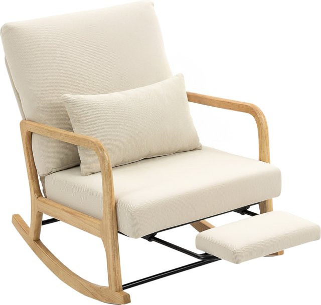 HOMCOM Schaukelstuhl mit Fußstütze in Creme, skandinavischer Relaxsessel mit Cord-Optik und Holzfüßen für Wohnzimmer und Schlafzimmer - Bild 1