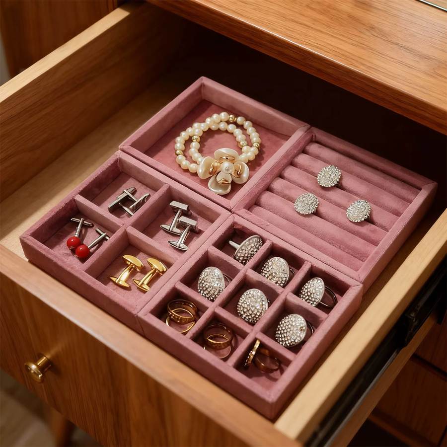 Stapelbares Schmuck-Organizer-Tablett aus Samt in Pink mit mehreren Gittern für Ohrringe und Ringe - Bild 2