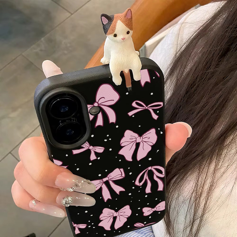 Weiche 3D Silikonhülle mit Schleifen- und Katzenmotiv für iPhone 11 bis iPhone 17 Pro Max in Rosa oder Grün - Bild 5