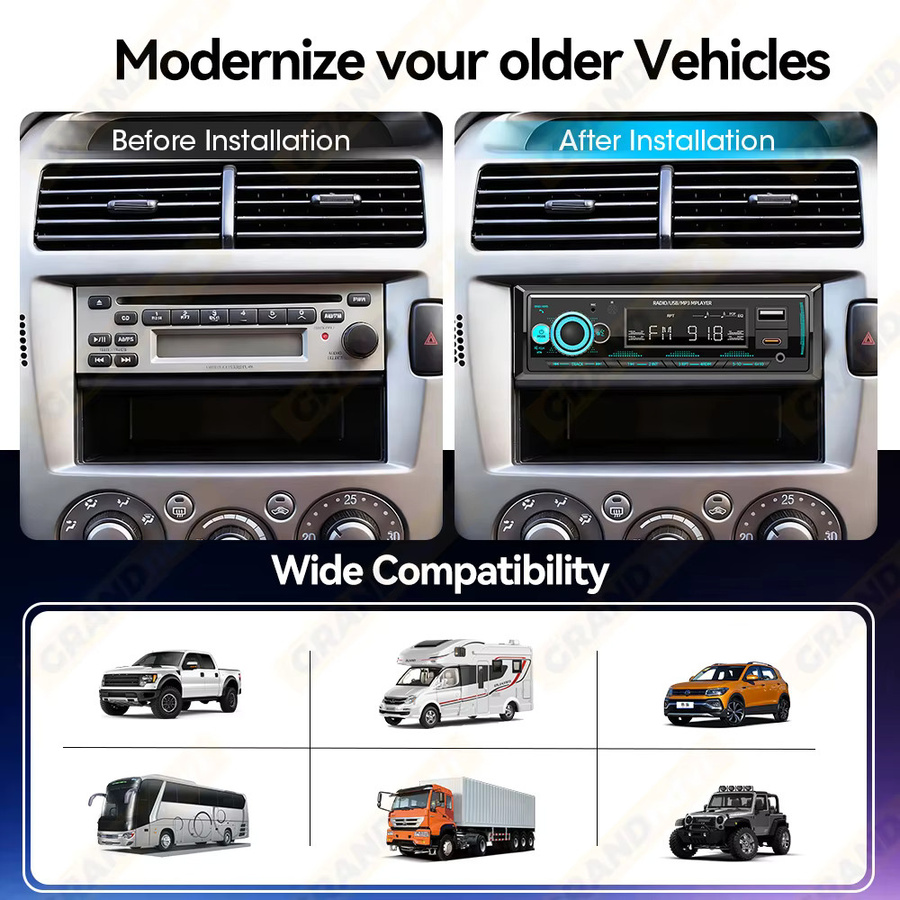 Grandnavi 1 DIN Autoradio mit Bluetooth, MP3-Player und USB Typ C, Multimedia-System mit Sprachassistent und AUX-Eingang, Schwarz - Bild 3