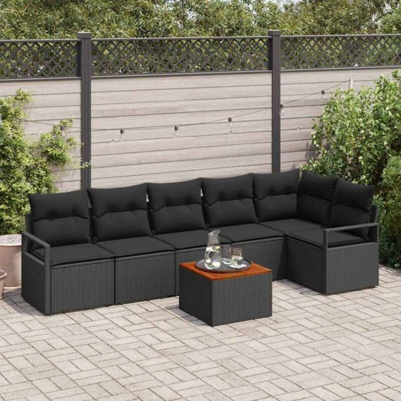 Vidaxl Garten-Sofa-Set aus 7 Teilen in Schwarz, modernes Polyrattan-Loungemöbel-Set mit Akazienholz und Stahl - Bild 1