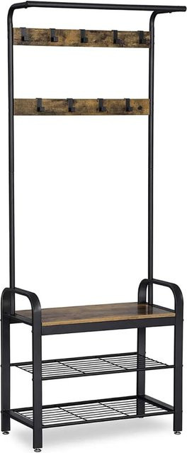 Vasagle Garderobenständer mit Schuhbank im rustikalen Design, Farbe Braun-Schwarz, B/T/H: 72 x 33,7 x 183 cm - Bild 1