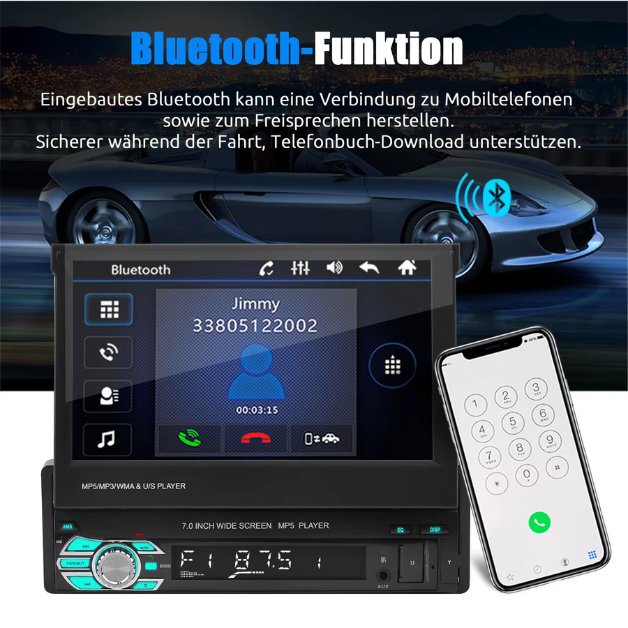 MOPECT Kabelloses 7 Zoll Autoradio mit CarPlay und Android Auto, 1 DIN MP5-Player mit ausziehbarem Touchscreen, WIFI und AUX-Eingang, Schwarz - Bild 3