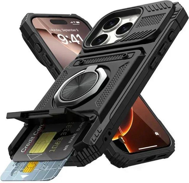 YULIN Schutzhülle für iPhone mit magnetischem drehbarem Ring-Ständer und Geldbörse-Funktion in Schwarz - Bild 1