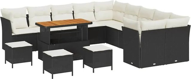vidaXL Garten-Sofa-Set 14-tlg. in U-Form aus Poly-Rattan und Akazienholz mit Polstern, Schwarz-Creme - Bild 1