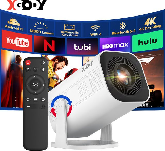 XGODY Mini 4K Smart Projektor mit Android 11, 720P Native Auflösung, 300 ANSI Lumen, WiFi 6 und Bluetooth 5.4, Weiß - Bild 1
