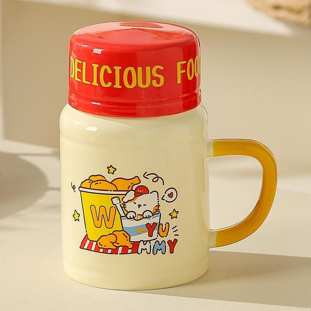 Yiran toy 1 Keramiktasse im Pommes-Design mit Deckel und Löffel, bunter Cartoon-Wasserbecher für Mädchen, 500 ml - Bild 1