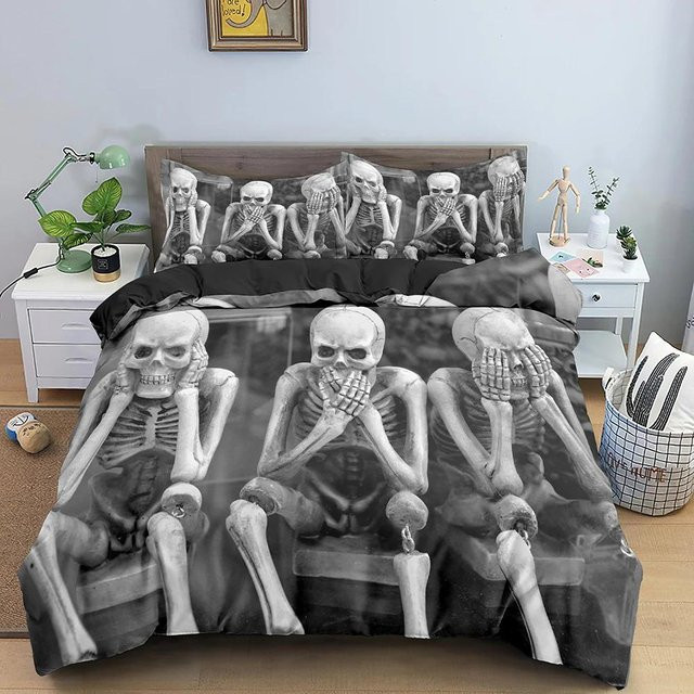 Binchi Fitness 3D-Skelett-Bettwäscheset mit Totenkopf-Motiv aus weicher Mikrofaser, 2-teilig, B/H: 135 x 200 cm - Bild 1