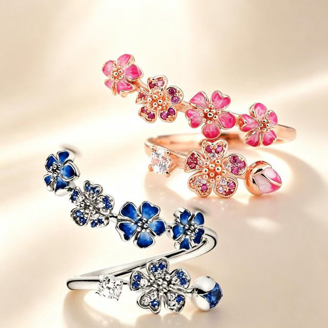 Ring 925 Silber, Rose Emaille, Pfirsichblüte, Kristall, Damen - Bild 1