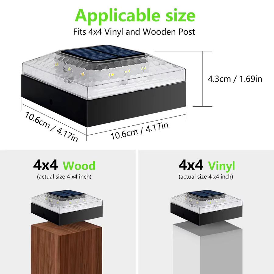 Solar-Pfostenkappenleuchten für den Außenbereich in Schwarz mit 3 Farbmodi, IP65 wasserdicht, für Holz- und Vinylpfosten, Set mit 1 oder 4 Stück - Bild 6
