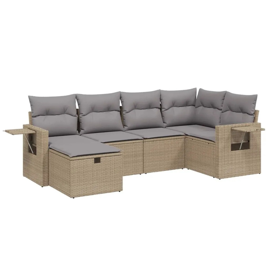 vidaXL 6-tlg Garten-Sofagarnitur in L-Form mit Ottoman, Beige, Poly Rattan und UV-beständigen Kissen - Bild 2