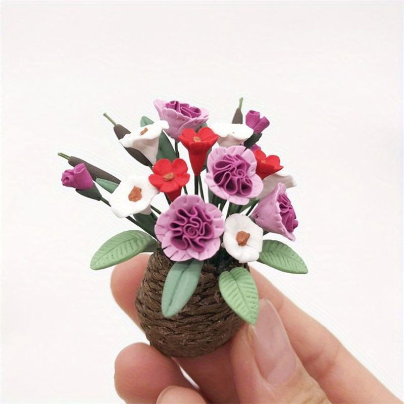 Künstliches Blumenarrangement für Miniatur-Blumengärten und Wohnzimmer-Szenen in Weiß, Rot und Lila - Bild 1