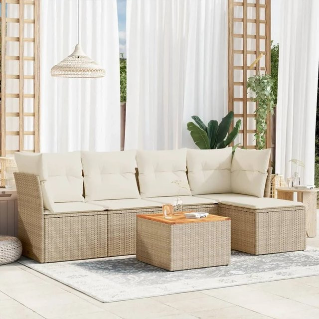 vidaXL 6-teilige Garten-Sofagarnitur aus Polyrattan in Beige mit Kissen und Ottoman im L-Shape Design - Bild 1