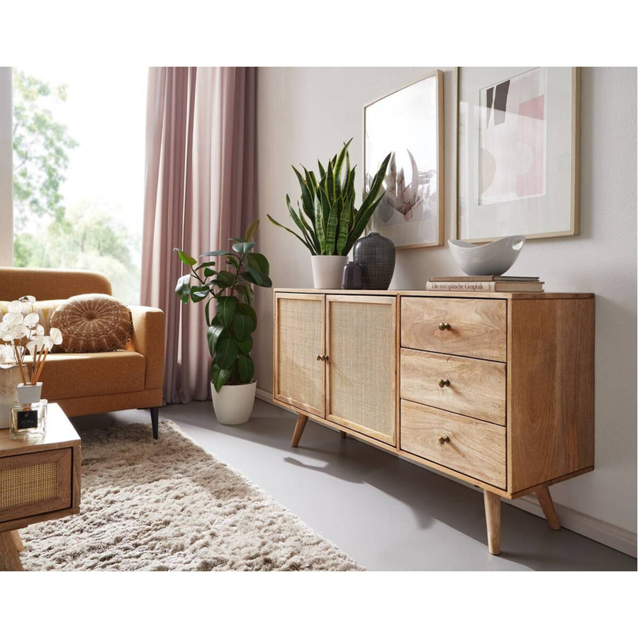 Wohnling Sideboard aus Mangoholz in Braun mit Schilfrohr-Geflecht, B/H/T: 140 x 75 x 40 cm - Bild 2