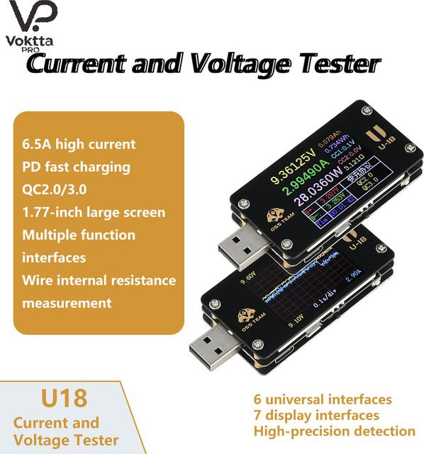 Voktta Multifunktions-USB-Spannung Strommesser und Leistungstester mit 1,77 Zoll Display, QC/PD-Protokollsimulator und Schnellladetester, Schwarz, 4-25V, 6,5A - Bild 1