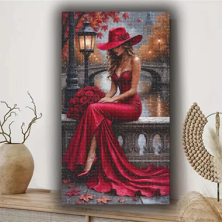 RealShining 5D DIY Diamantmalerei Motiv Rotes Mädchen mit Hut als Voll-Diamant-Mosaik Stickerei Porträt in Rot, Breite: 40,0 cm, Höhe: 20,0 cm, Tiefe: 20,0 cm - Bild 2