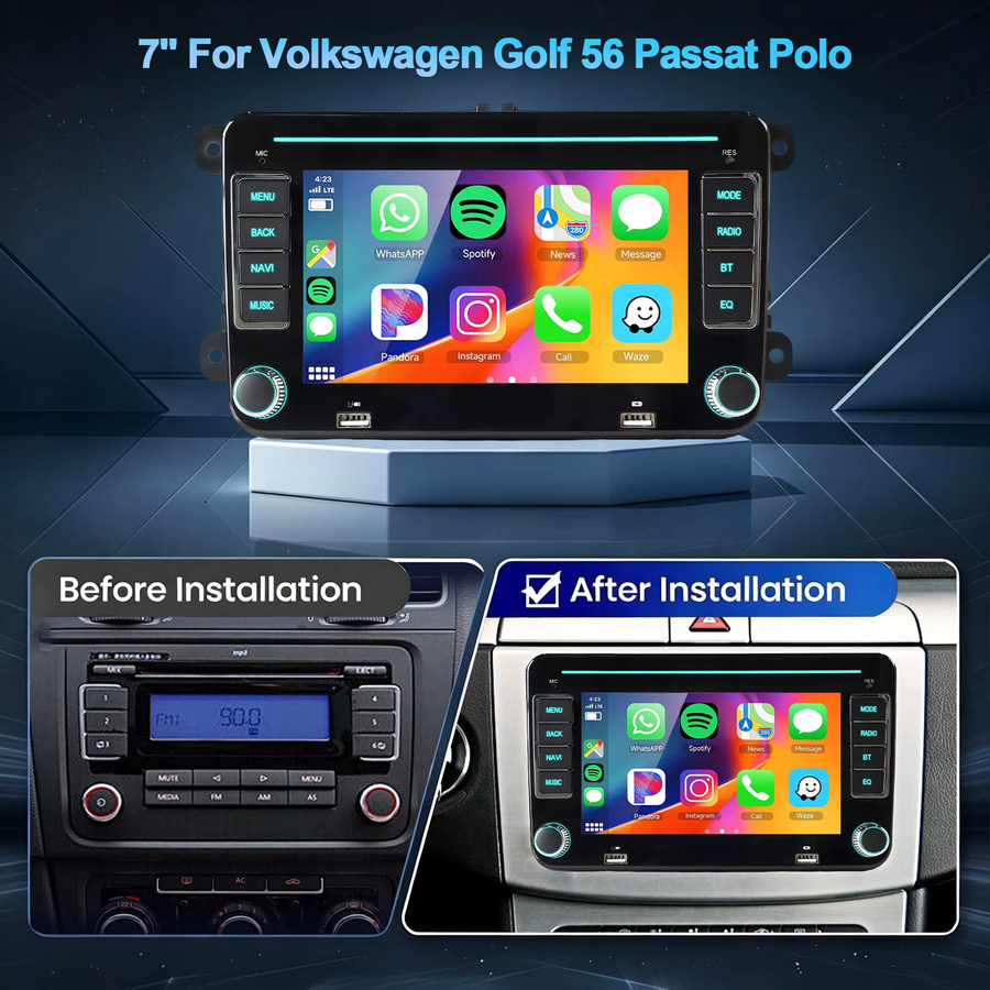 ESSGOO Android 15 Autoradio mit 7 Zoll Display, 4+64G Speicher, kabelloses CarPlay, Android Auto, GPS, Bluetooth und WLAN für Seat, Skoda, VW Golf, Passat, Polo, Touran, Tiguan, Sharan, Caddy, EOS, T5 in Schwarz - Bild 2