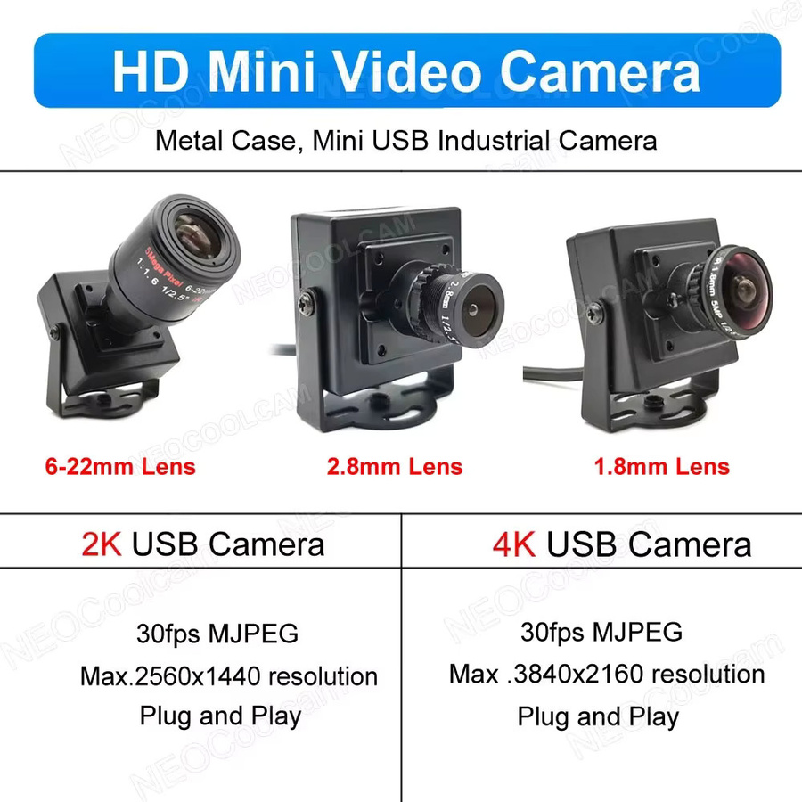 NEOCoolcam Mini USB Webcam 4K UHD 8MP mit 6-22mm Varifokal-Zoom, Schwarz - Bild 2