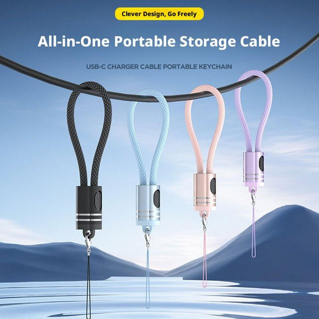 2-in-1 USB-C Schnellladekabel mit Schlüsselband als tragbarer Schlüsselanhänger, 60W, Orange - Bild 1