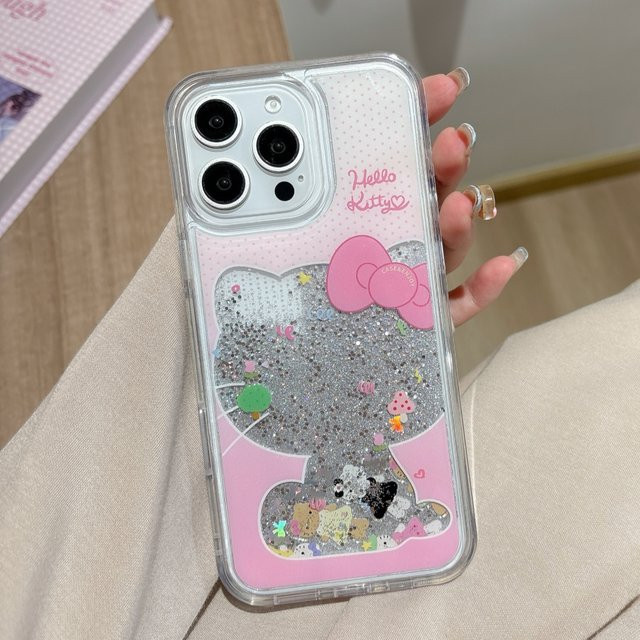 Hallo Kitty Handyhülle mit Glitzer und Polka Dots in Rosa für Apple iPhone 13, 14, 15, 16, 17 Pro Max, stoßfeste Cartoon Schutzhülle - Bild 1