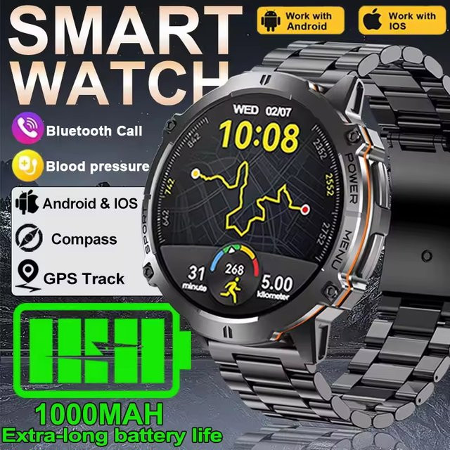GUHUAVMI TANK X3 Militär-Smartwatch in Schwarz mit 1,73 Zoll AMOLED-Display, GPS, Kompass, 10ATM Wasserdichtigkeit und HD-Anruffunktion - Bild 1