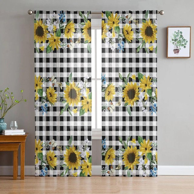 Transparente Chiffon-Vorhänge mit Sonnenblumen- und Karomuster aus Tüll für Wohnzimmer, Schlafzimmer und Küche, B: 135 cm, H: 114 cm - Bild 1
