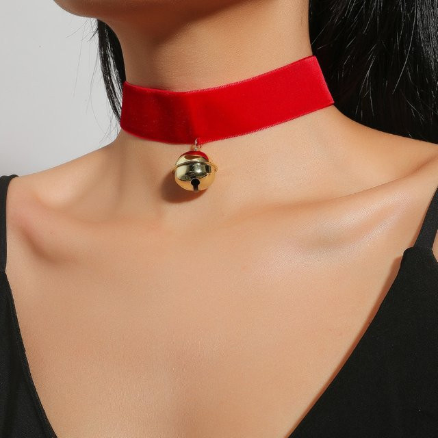 Halskette rote Samt-Choker, goldene Glocke, Messing, Damen - Bild 1