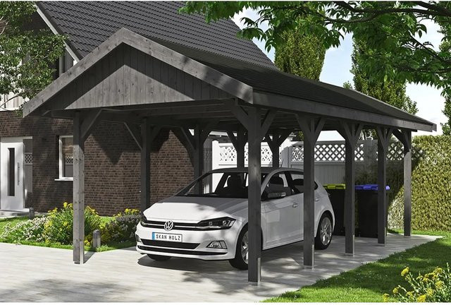Skan Holz Carport Wallgau Satteldach aus Nadelholz in Schiefergrau mit schwarzen Schindeln, B: 380 cm, T: 750 cm, H: 313 cm - Bild 1