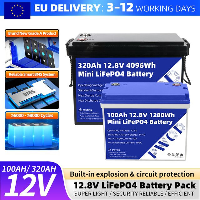 PWOD LiFePO4 Batteriepack 12,8V 320Ah 100Ah Klasse A mit integriertem BMS BCI für DIY-Stromsysteme und Heimsolarenergie, wiederaufladbare Deep Cycle Lithium-Batterie Gruppe 24 - Bild 1