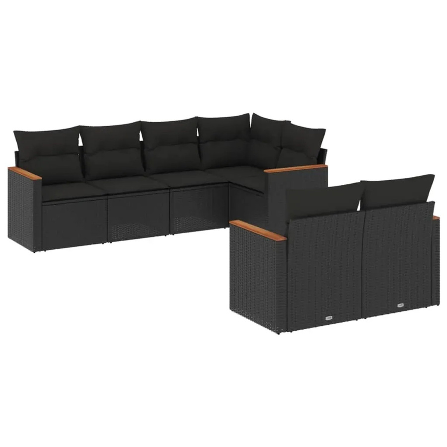 vidaXL 7-teilige Garten-Sofagarnitur in L-Form aus Poly-Rattan und Akazienholz mit Kissen in Schwarz - Bild 2