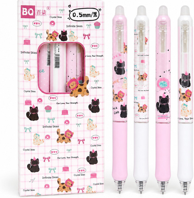 4 Stück Kawaii Sweet Cats löschbare Gelstifte mit 0,5 mm Spitze, einziehbare Stifte in Schwarz und Blau für Schule und Büro - Bild 1