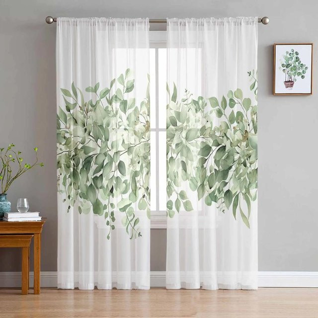 Yiran Furniture Chiffon-Vorhang mit Rattanblatt-Design in Weiß, transparentes Voile-Dekor für Wohnzimmer und Schlafzimmer, B: 135 cm, H: 137 cm - Bild 1