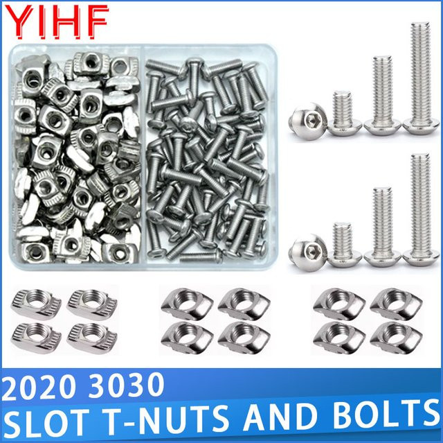 T-Mutter und Sechskantschrauben-Set für Aluminium-Profile in Silber, Hammerkopf T-Schienenmutter-Schraubensatz für Slot 2020 und 3030 - Bild 1